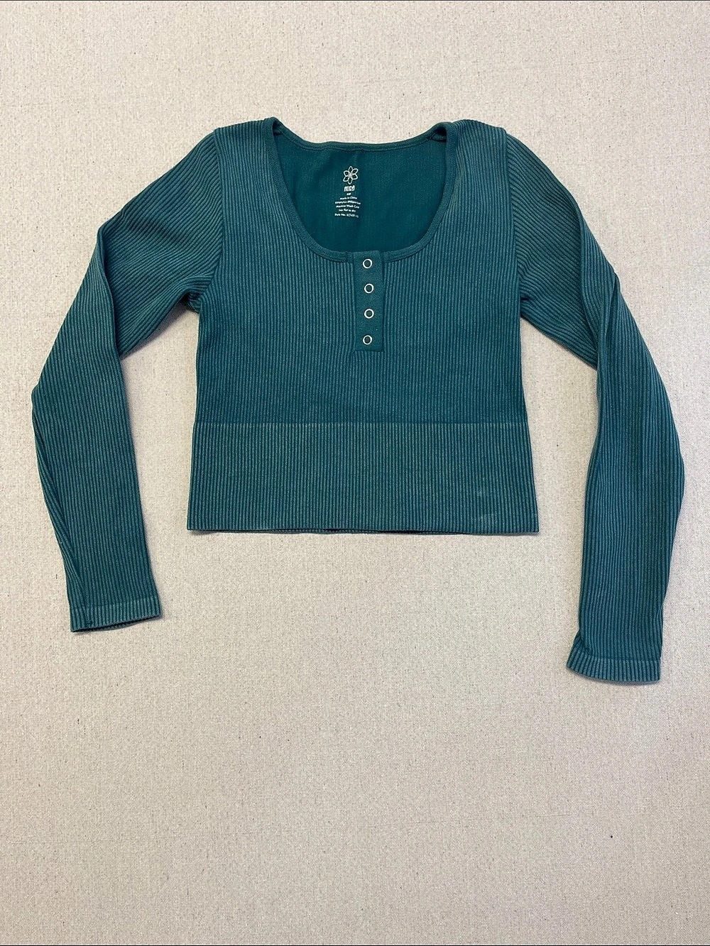 AURA Teal Ribbed Long Sleeve Crop Top Snap Henley Square Neck S/M